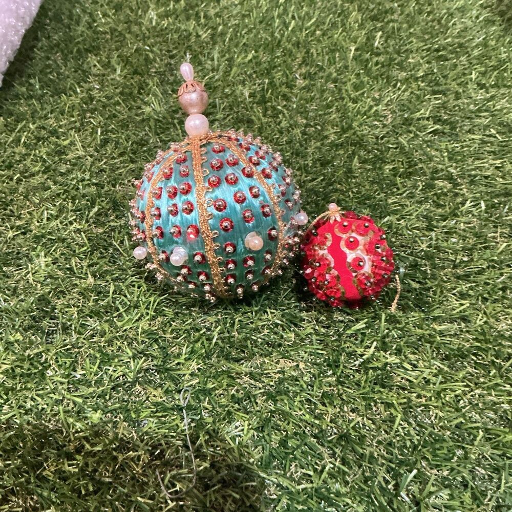 Satin Beaded Sequin Christmas Ornaments Lot of 2 Turquoise Red Gold Trim